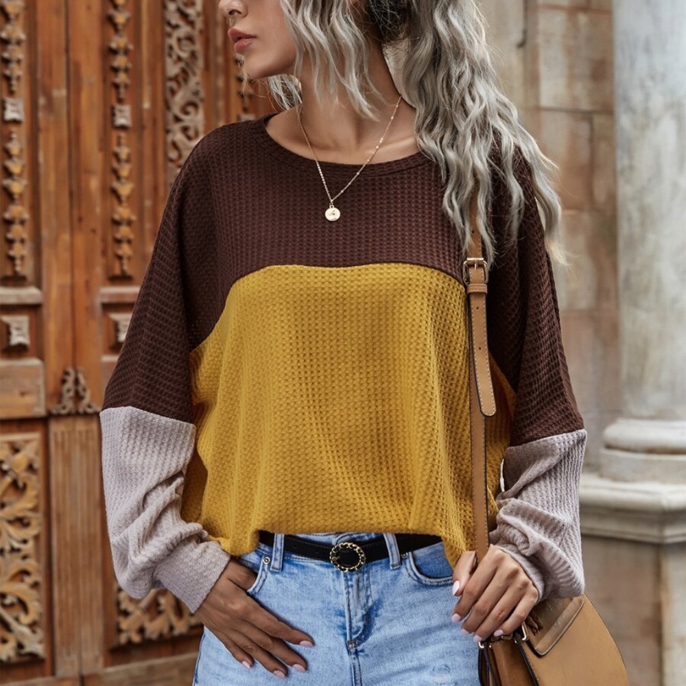 oversized color block knit waffle long sleeve top - Picture 4 of 11